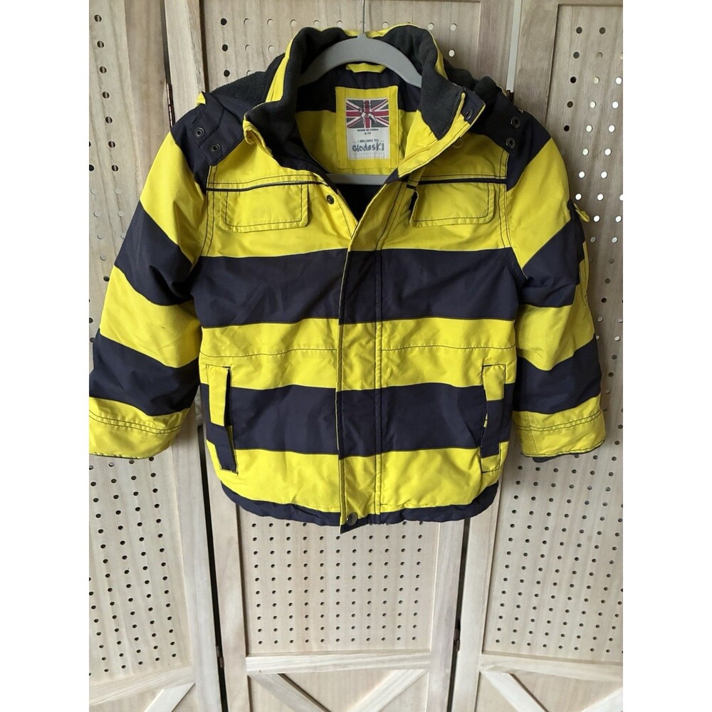 Mini Boden Boys Striped Winter Ski Jacket Hooded Navy & Yellow Stripe Size 6-7